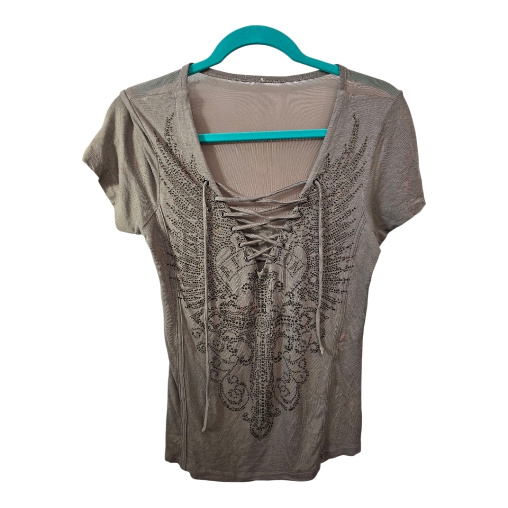 Affliction Women's Lace-Up Graphic Top - Brown